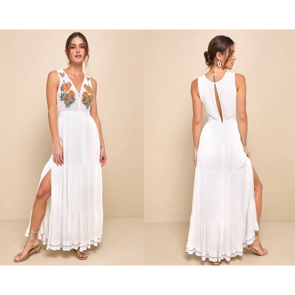 Lulus Tickets To Paradise White Embroidered Maxi Dress Size Medium